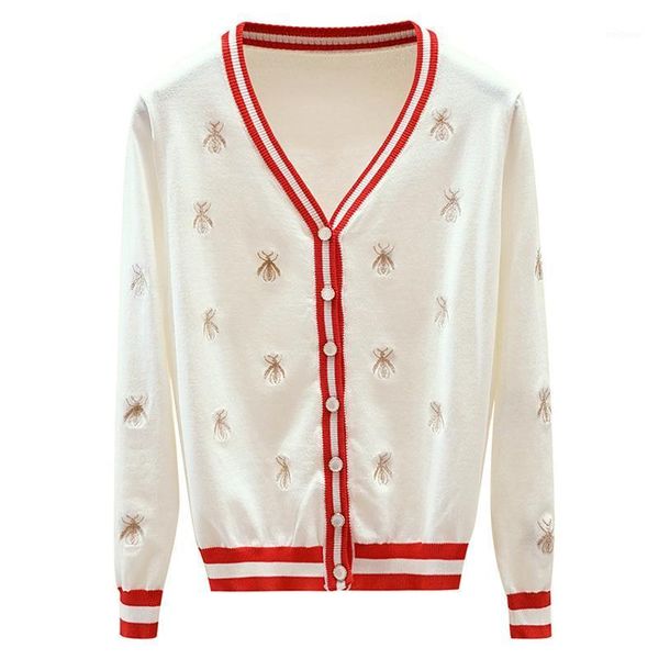 

sweater fashion designer bee embroidery cardigan long sleeve single breasted contrast color button knitted sweaters1, White
