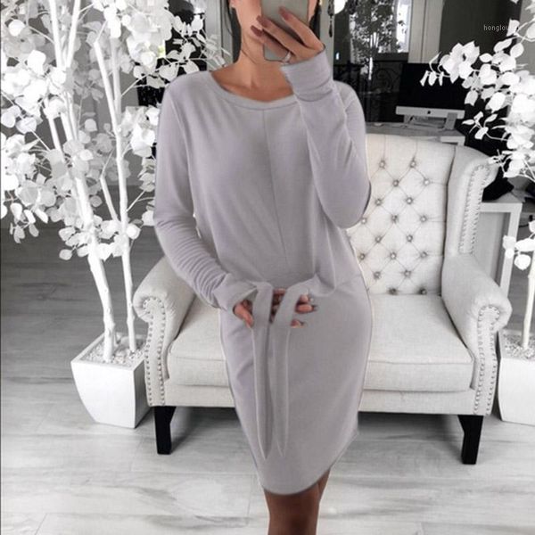 

women knee-length knitted cotton sweater dress autumn winter long sleeve lace-up waist tightening tight dress fashion vestidos1, Black;gray