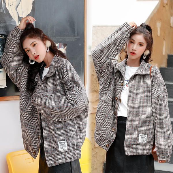 

2021 new couple jacket women autumn and winter korean version of the trend of retro wild loose women plaid woolen jacket, Black;brown