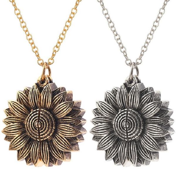 

european and american new necklace female sunflower sun flower double lettering necklace, sunflower pendant upgrade version, open and close, Silver