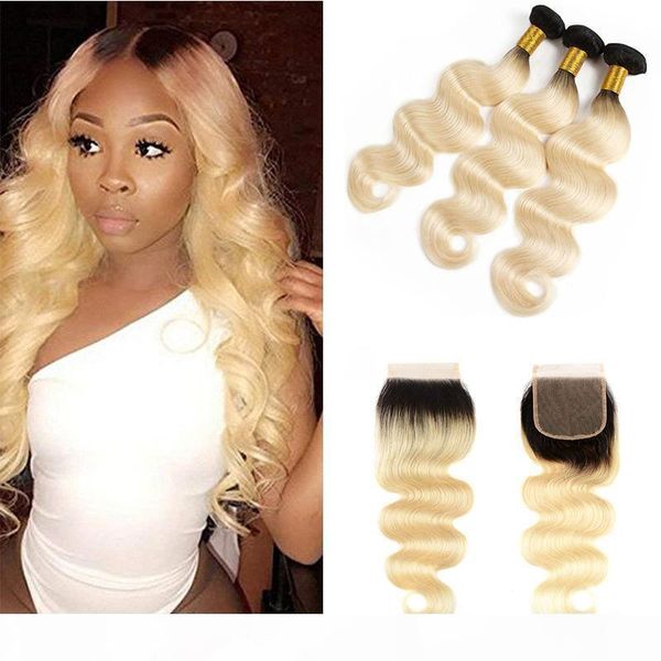 

ombre brazilian body wave human hair bundles with lace closure part brazilian 1b 613# honey blonde virgin hair weave with closure, Black;brown