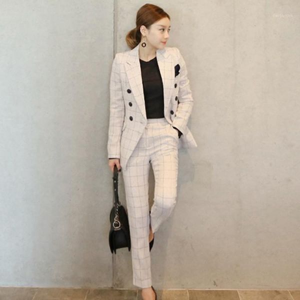 

office ladies 2 pieces sets plaid double-breasted jacket blazer + slim pant suits 2020 women fashion casual set1, White;black