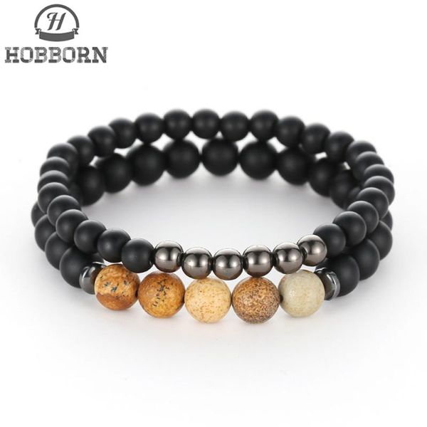 

hobborn trendy natural stone couple strand bracelet 8mm black matte onyx picture stone mix strand women men beads bracelet cruz, Golden;silver