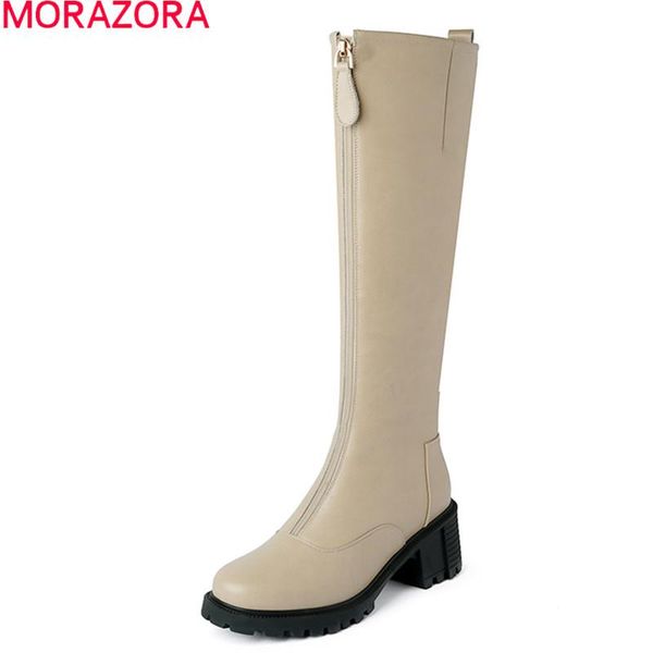 

boots morazora 2021 arrival women genuine letaher thick heels round toe platform winter knee high black
