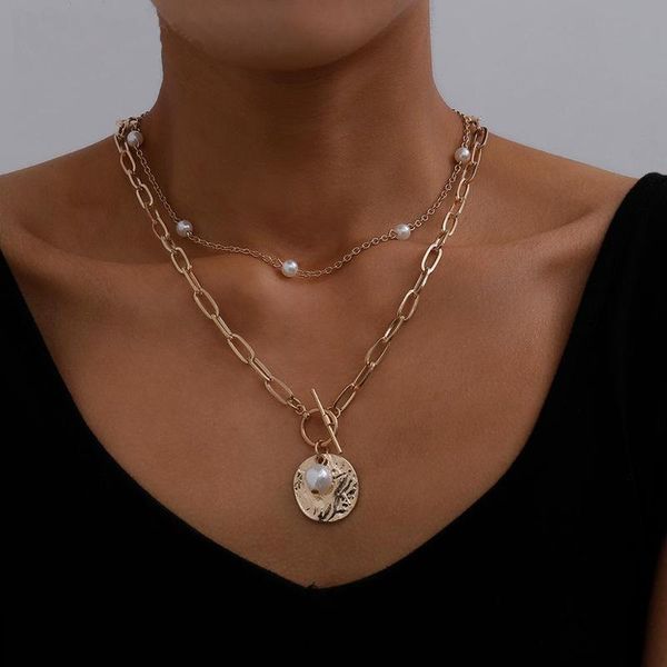 

chains double layered hollow round coin necklaces chunky link chain hammered disc imitation pearl for women vintage jewelry, Silver