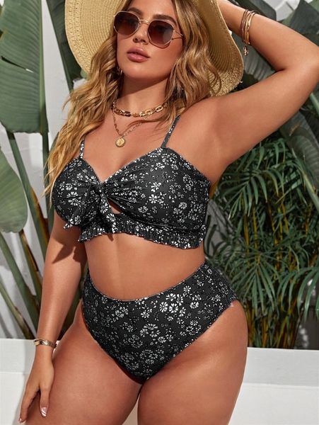

plus ditsy floral knot ruffle trim bikini swimsuit j1kr#, Black