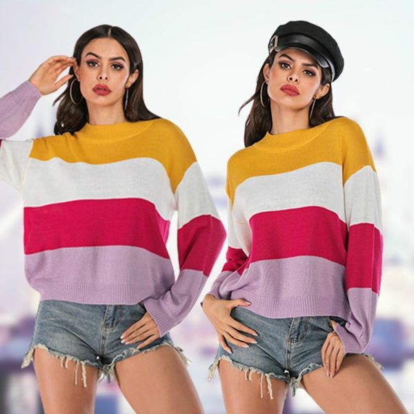 

women contrast striped pullover sweaters round collar autumn winter rainbow jumpers knitwear chic sweaters pull femme 20201, White;black