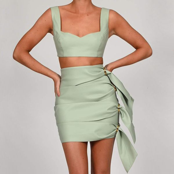 

new 2021 summer two pieces sets cropped women clothes pu leatheer and skirt fashion women's casual suit hspy, White