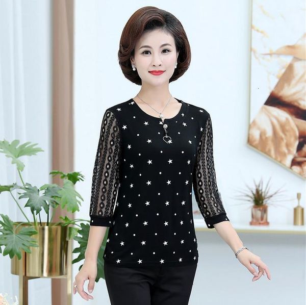 

lace three quarter sleeve mother summer pullover t-shirts elastic plus size 5xl middle age women cotton tee shirt 2020 new, White
