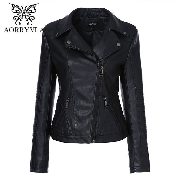 Marke PU-Lederjacke Frauen Frühling 2020 Mode Schwarz Turn-Down-Kragen Moto Biker Jacke Reißverschluss PU-Ledermäntel Slim Outwear LJ201021