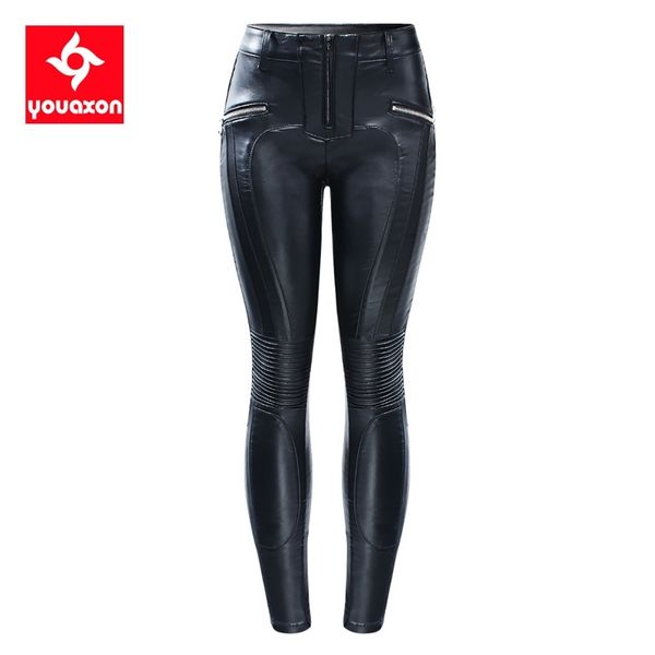 2204 Youaxon Outono Inverno Hot Veludo Motocicleta Motocicleta Pu Couro Jeans Motoras Mulheres Calças Pretas Calças Para Mulheres 201106