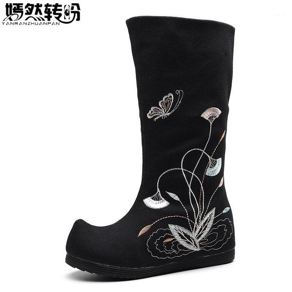 

women boots autumn winter new floral embroidered old beijing canvas shoes canvas cloth high single boots woman1, Black