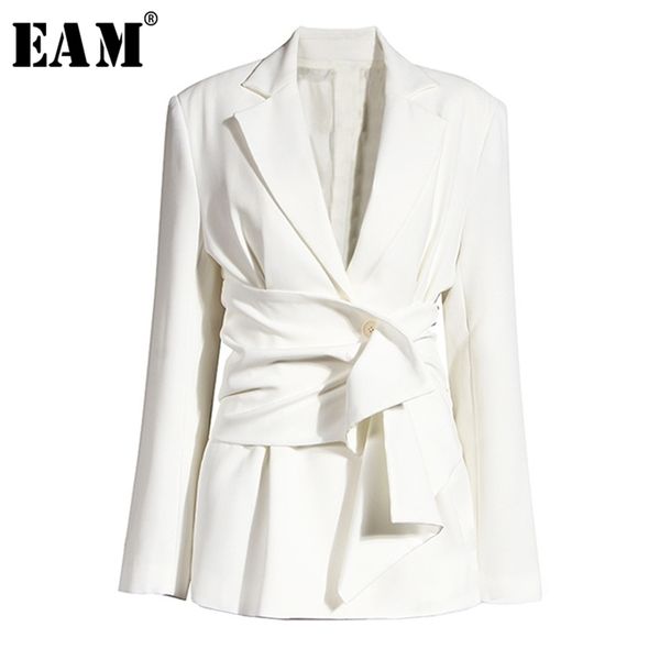 

[eam] women white knot split joint irregular blazer new lapel long sleeve loose fit jacket fashion spring autumn lj200815, White;black