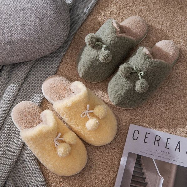 

winter new women bow fur slippers warm flock plush bedroom ladies flat cotton shoes autumn house women furry slippers #n34y, Black