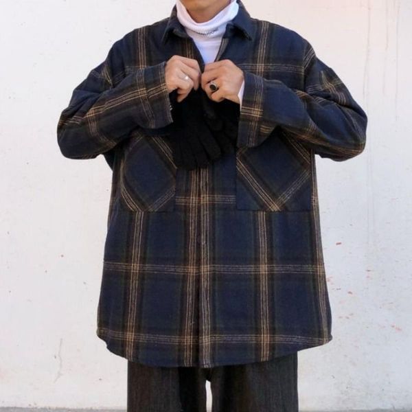 

plaid woolen coat men's fashion retro casual oversize woolen coat men streetwear loose korean style mens overcoat1, Black