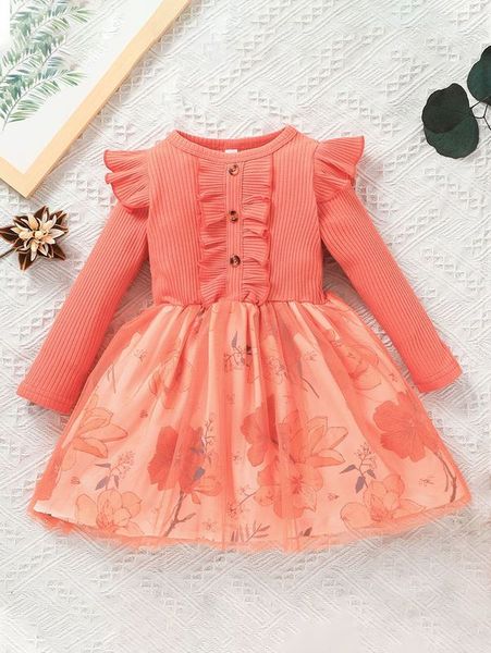 

toddler girls floral print ruffle trim mesh hem dress she, Red;yellow