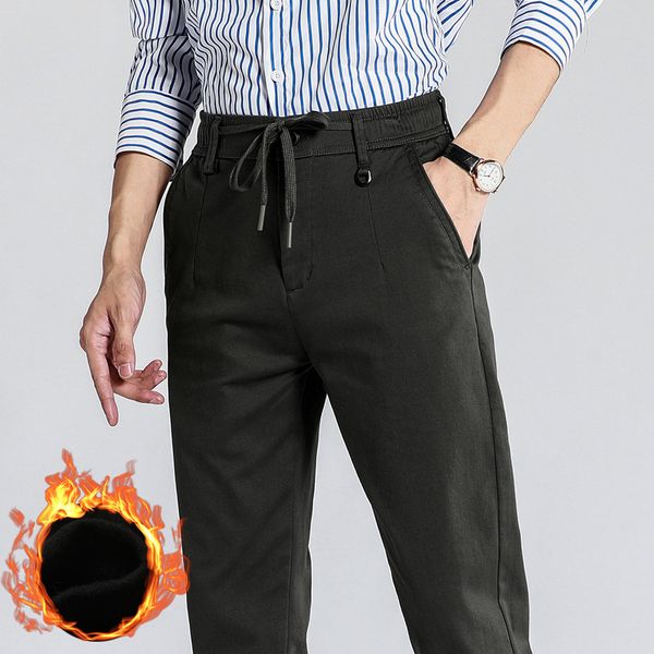 

casual winter thick thin flannel korean trend slim straight tube business men's pants, Black