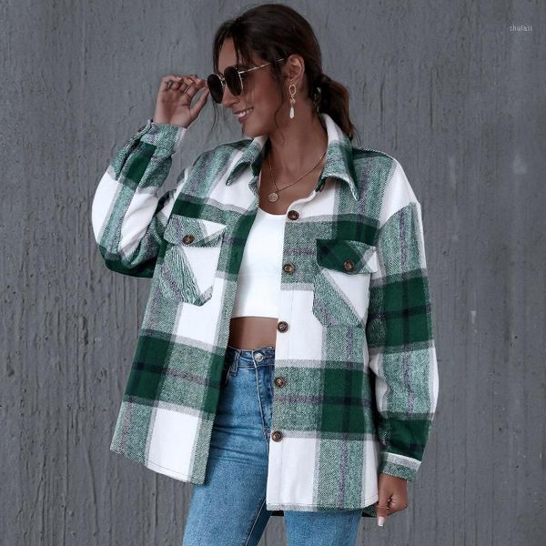 

2021 new style female coat plaid turn-down collar long sleeve cardigan coat jacket for women autumn clothing s/m//xl1, Black;brown
