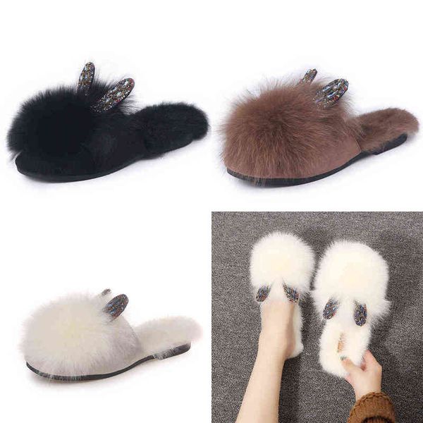 

house slippers ladies rhinestone ears baotou sandals shoe loafers luxury brands, Black