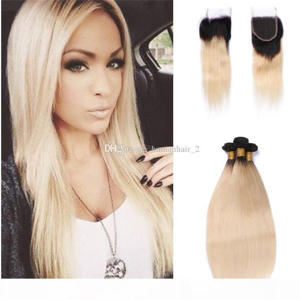 

9a quality hair with lace closure two tone 1b 613 blonde dark root hair bundles 4*4 lace closure with bundles 4pcs lot, Black;brown