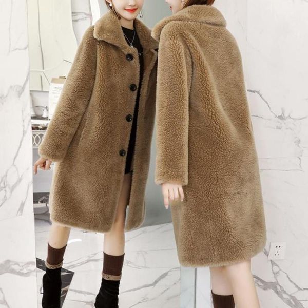 

women lamb wool coat mid long fur jackets winter thicken warm single breasted lapel faux fur coat solid slim overcoat camel, Black