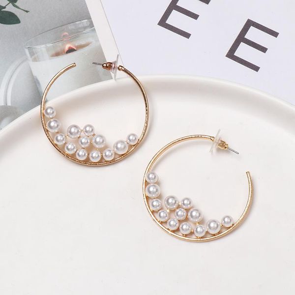 

Gold Metal White Pearl Big Round Hollow Hoop Earrings Womens Elegant Korean Large Drop Statement Earrings Wedding Gifts Jewelry, Golden;silver