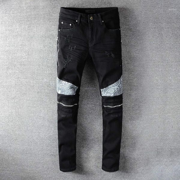 

trendy lucky cloud patchwork jeans men black slim fit hip hop jeans pants autumn punk rock ripped zipper party club dj1, Blue