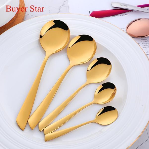 

flatware sets 5pcs multi-size golden stainless steel spoon set mini coffee teaspoons serving dinner soup spoons metal table flat ware set1