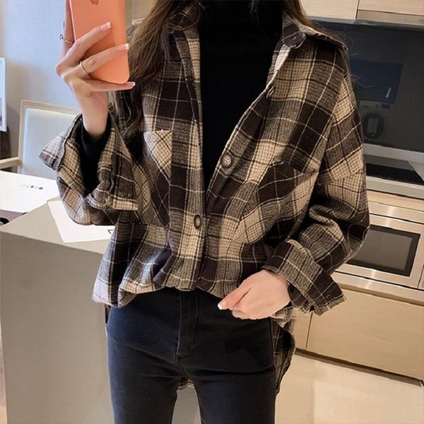 

ladies oversized plaid shirt chic checked long sleeve casual print blouse shirt women loose shirts female blusas plus size, White