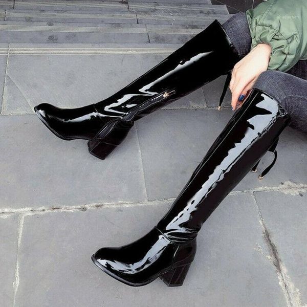 

boots ladies patent leather knee high zipper block heel party shoes plus size1, Black