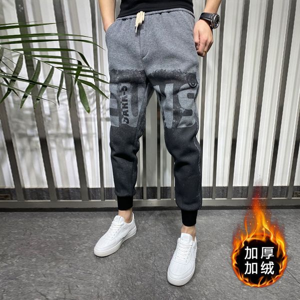 

2021 new winter plus velvet thickening trousers printing spirit man style shipping sport muqw, Black