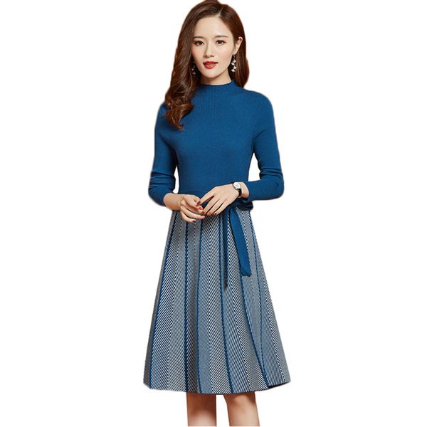 

2021 new autumn winter women new sleeve knitted sweater pleated dress stitching fake two elegant lady office mid long dresses 8k1e, Black;gray
