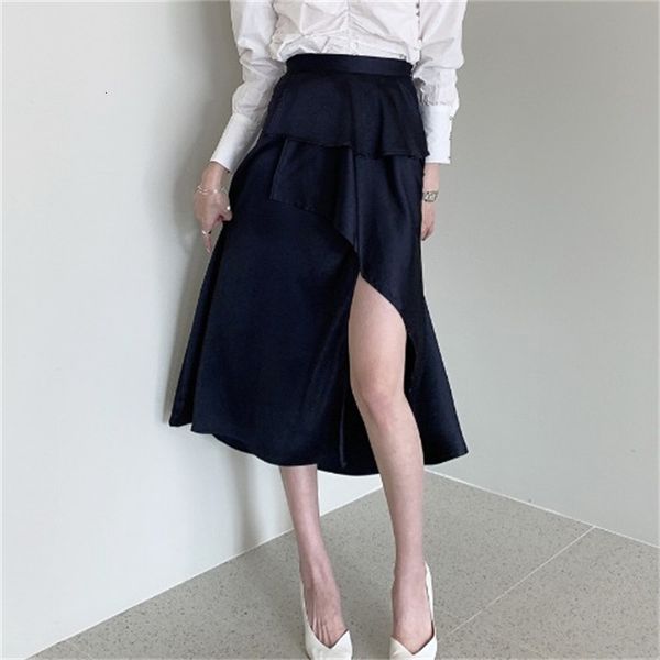 

2021 new vintage ruffles solid skirts women high waist midi summer irregular division wrap skirt korean clothes ladies ro7l, Black
