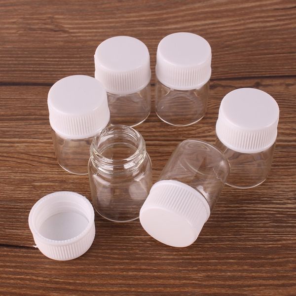 100 pcs 22 * ​​30mm 5 ml frascos de especiaria de perfume de vidro transparente com tampa de parafuso de plástico branco frascos frascos DIY Craft T200506