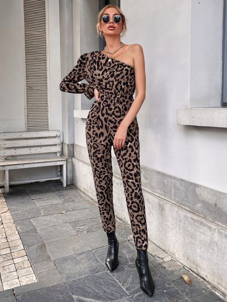 

allover print one shoulder flounce sleeve jumpsuit l17v#, White