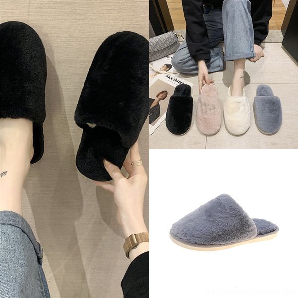 

9skjg genuine plush slipper leather house slippers comfortable women winter warm plush shoes indoor soft flats flat home bedroom, Black