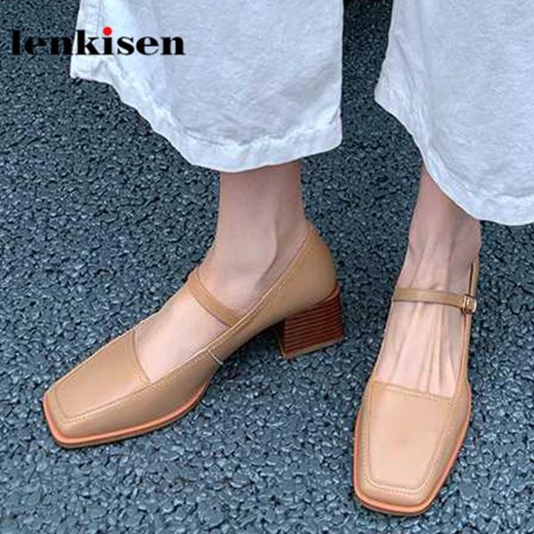

dress shoes lenkisen simple sewing full grain leather square toe high thick heels beauty lady limited customization buckle straps pumps l861, Black
