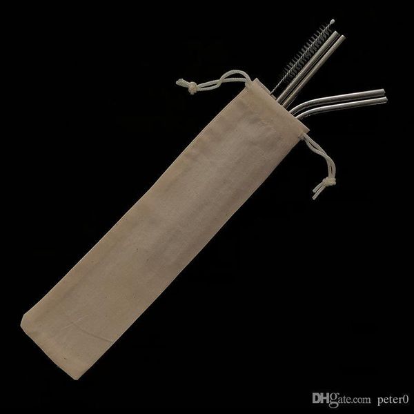 

reusable stainless metal straw set with steel cleaning brush linen bag packing 4+1 combination