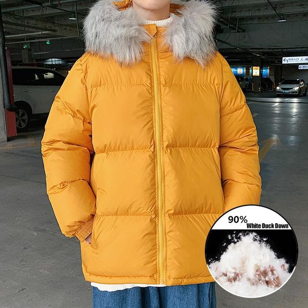 

men's down & parkas winter warm white duck jacket large oversize m-5xl solid hooded coat parka with fur collar outer streetwear, Black