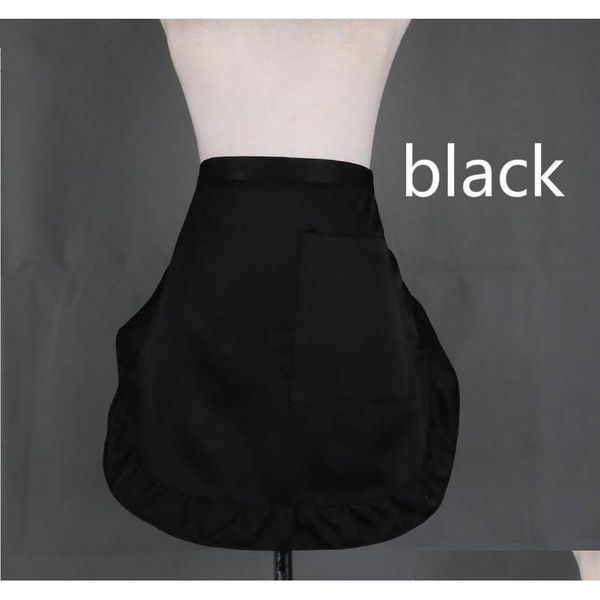 

solid color waterproof half short waist apron women cute frilly pockets chef cafe server waiter kitc jlljox xhhair