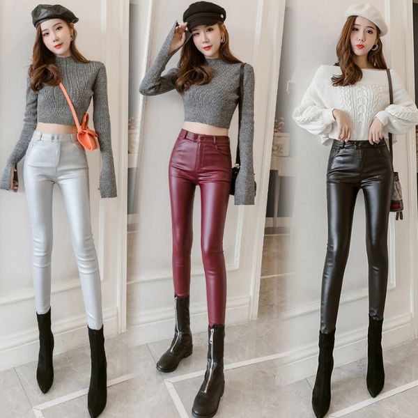 Yeni Tasarım Kadın Yüksek Bel Pu Deri Plus Velvet Bodycon Tunik Uzun Pantolon Plus Boyut Pantolon Smlxlxxl3xl