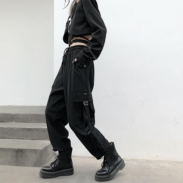 

lychee girls black solid color women cargo pants elastic waist female straight pants streetwear loose autumn trousers1, Black;white