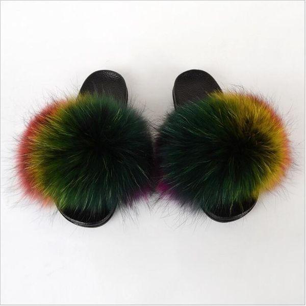 

new women fashion raccoon slippers gorgeous fluffy brand flip flops home indoor plush sandals exquisite fur shoes y1124, Black