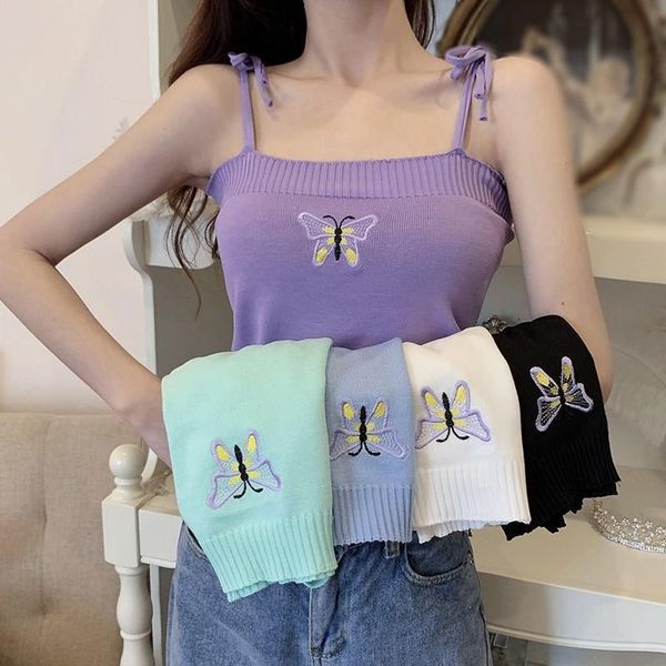 

woman s summer beach wear sleeveless basic camisole sweet knitted butterfly embroidery tank drop shipping, White