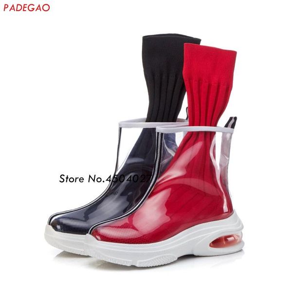 

boots fashion pvc transparent with socks women platform shoes woman ankle slip on flats, Black