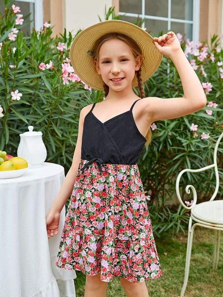 

girls surplice neck contrast floral print bow front dress she, Red;yellow