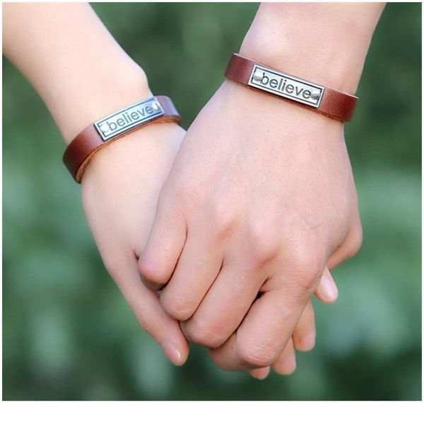 

eif dock couples bracelets friend women men bracelet \"believe \"pu leather fashion punk leather men's cuff bracelet jlloar