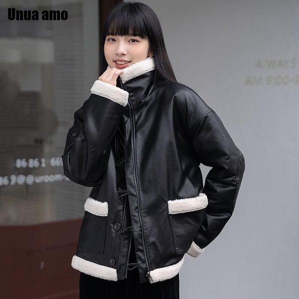 

unua amo plush leather jacket women thick short warm fashion double-sided wear faux fur lambswool winter locomotive coat female, Black