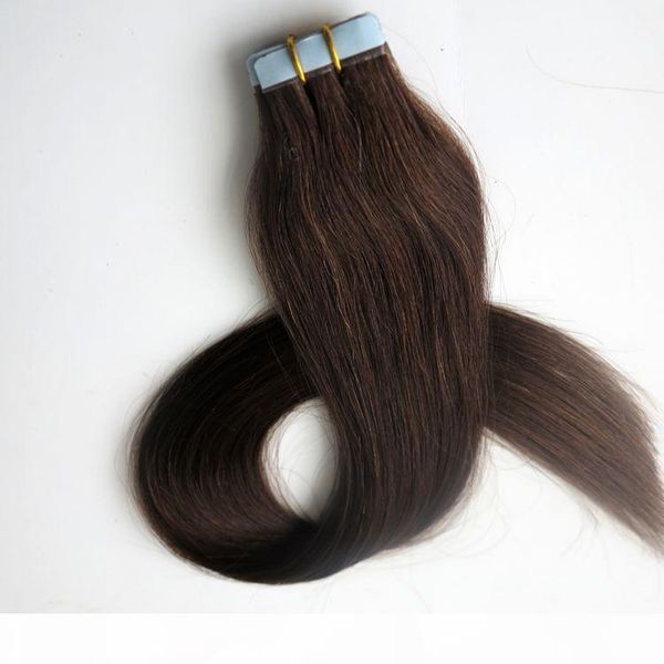 

50g 20pcs glue skin weft tape in human hair extensions 18 20 22 24inch #2 darkest brown brazilian indian hair, Black