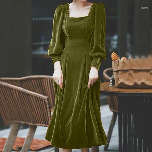 

women elegant party dress long vintage velvet dress square collar with bottom ladies lantern sleeve green vestidos #31, Black;gray